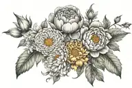 marigold,cosmos,daisy,tulip,larkspur,waterlilly,chrysanthemum and peony flower tattoo design idea