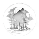 black circle mountain peak pine tree treeline full moon tattoo design idea