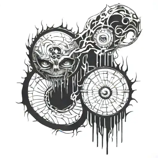 line going vertically on the shin ending on the thigh with eyeballs and blood formed into the line tattoo design idea