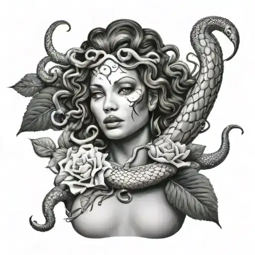 Medusa gazing while smoke is coming from her mouth with flowers and snakes surrounding her  tattoo design idea