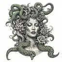 Medusa gazing while smoke is coming from her mouth with flowers and snakes surrounding her  tattoo design idea