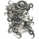 Medusa gazing while smoke is coming from her mouth with flowers and snakes surrounding her  tattoo design idea