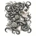 Medusa gazing while smoke is coming from her mouth with flowers and snakes surrounding her  tattoo design idea