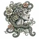 Medusa gazing while smoke is coming from her mouth with flowers and snakes surrounding her  tattoo design idea