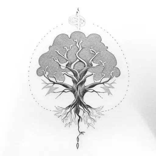A majestic tree with roots extending into the shape of musical notes tattoo design idea