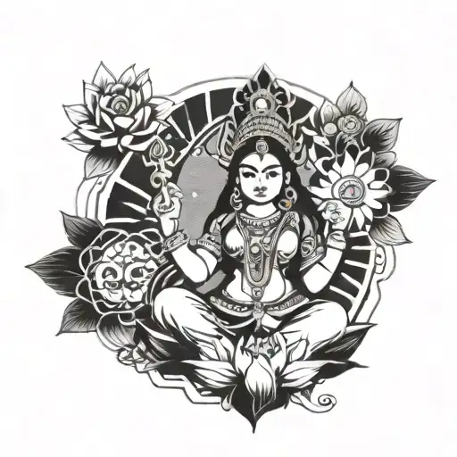 A modern interpretation of Hindu goddess Lakshmi surrounded by symbols of wealth and prosperity tattoo design idea