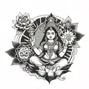 A modern interpretation of Hindu goddess Lakshmi surrounded by symbols of wealth and prosperity tattoo design idea