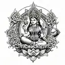 A modern interpretation of Hindu goddess Lakshmi surrounded by symbols of wealth and prosperity tattoo design idea