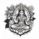 A modern interpretation of Hindu goddess Lakshmi surrounded by symbols of wealth and prosperity tattoo design idea
