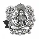 A modern interpretation of Hindu goddess Lakshmi surrounded by symbols of wealth and prosperity tattoo design idea