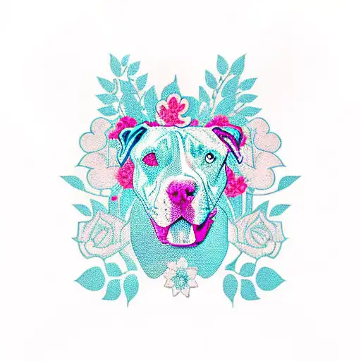 A pitbull silhouette surrounded by floral elements tattoo design idea