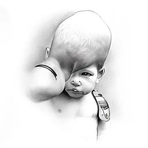 Child looking into a mirror. In that mirror there is a buff, faceless spartan looking back at them tattoo design idea