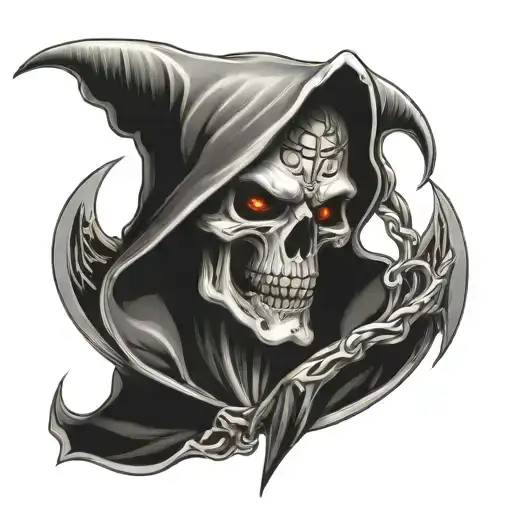 grim reaper bust, horns on head, scythe background, flaming eyes tattoo design idea