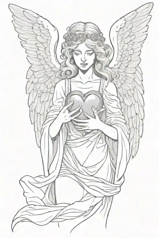 female angel with wings folded down holding a human heart in her open hands tattoo design idea