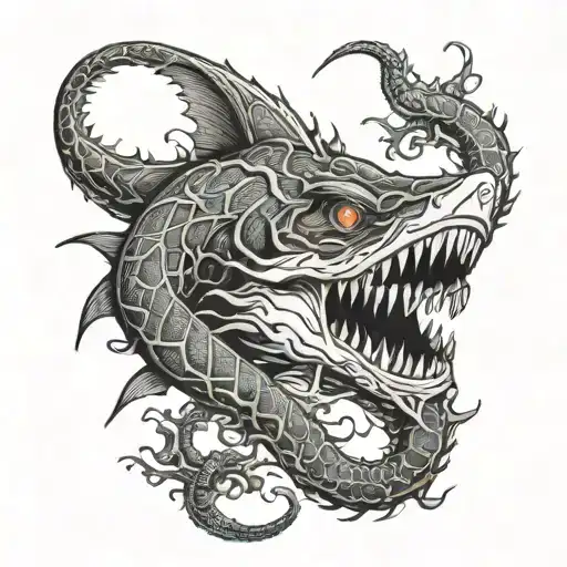 eldritch horror shark lizard hybrid with tentacles extruding from its body tattoo design idea