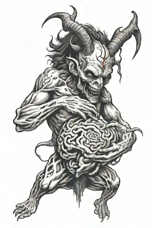 demon holding brain vs heart tattoo design idea