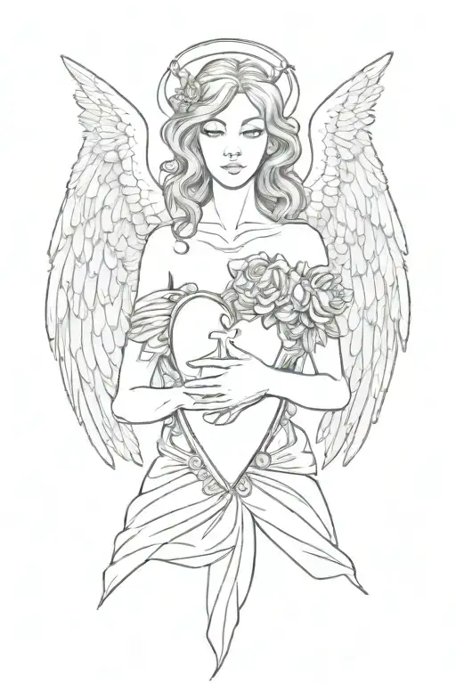 female angel with wings folded down holding a human heart in her open hands tattoo design idea