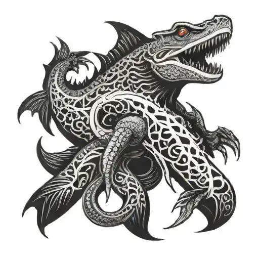eldritch horror shark lizard hybrid with multiple tentacles extruding from its body tattoo design idea