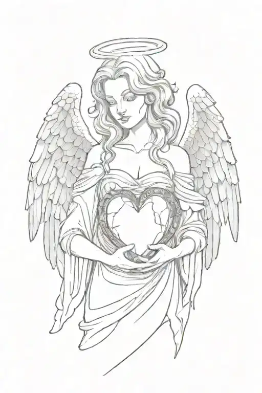 female angel with wings folded down holding a human heart in her open hands tattoo design idea
