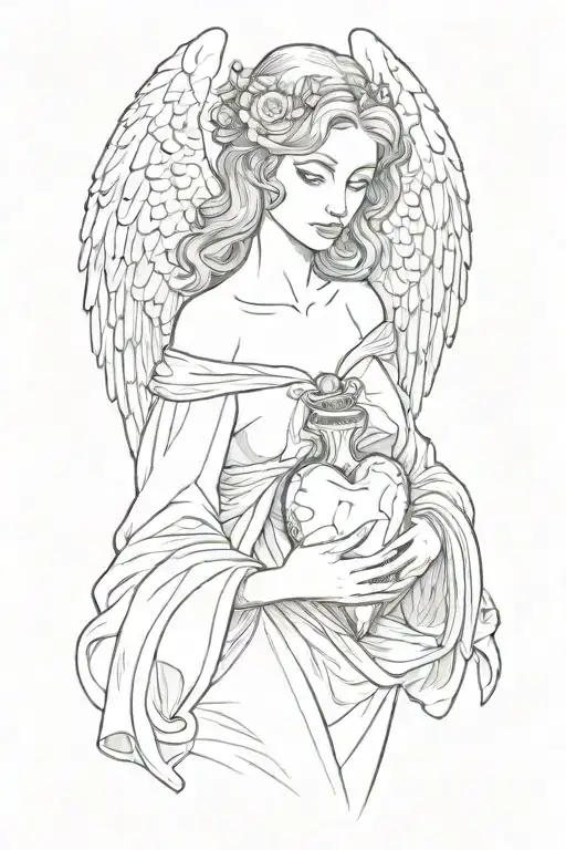 female angel with wings folded down holding a human heart in her open hands tattoo design idea