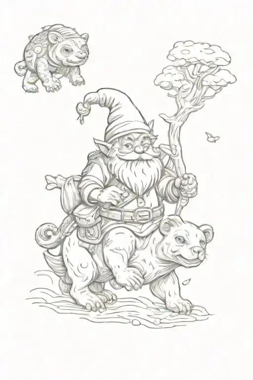 gnome riding a bear carrying a frog tattoo design idea