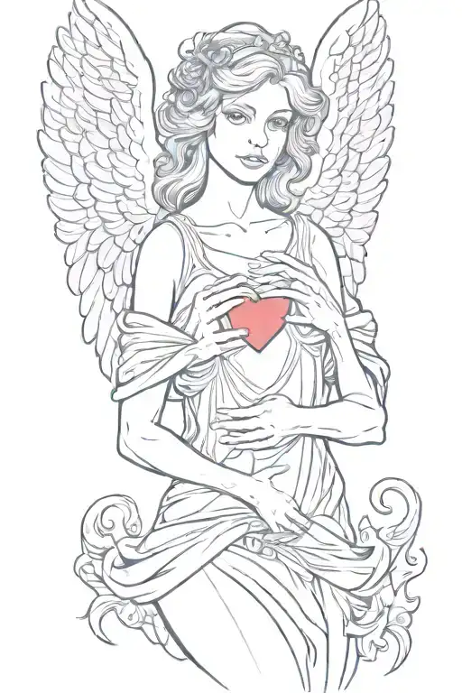 female angel with wings folded down holding a human heart in her open hands tattoo design idea
