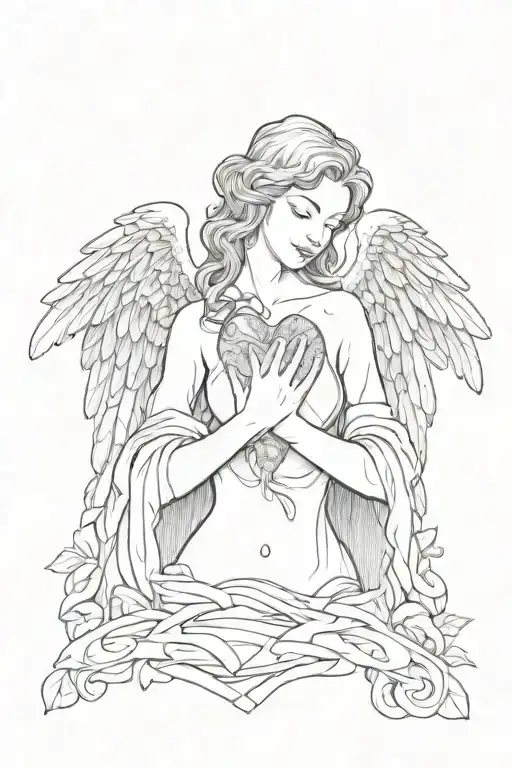 female angel with wings folded down holding a human heart in her open hands tattoo design idea