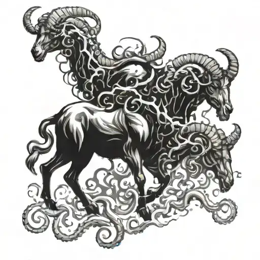 eldritch horror goat with multiple heads and tentacles exploding from its body tattoo design idea