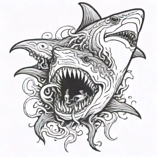 eldritch horror shark with multiple heads and tentacles exploding from its body tattoo design idea