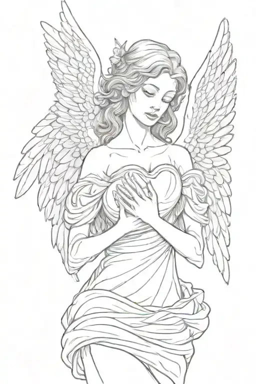 female angel with wings folded down holding a human heart in her open hands tattoo design idea