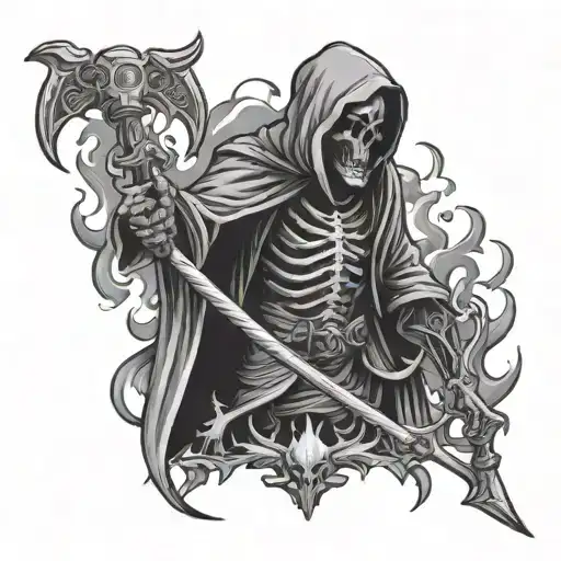 grim reaper with horns on head with scythe on back and flaming eyes  tattoo design idea