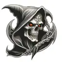 grim reaper bust, horns on head, scythe background, flaming eyes tattoo design idea