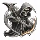 grim reaper bust, horns on head, scythe background, flaming eyes tattoo design idea