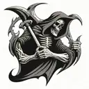 grim reaper bust, horns on head, scythe background, flaming eyes tattoo design idea