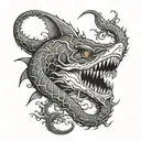 eldritch horror shark lizard hybrid with tentacles extruding from its body tattoo design idea