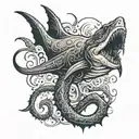 eldritch horror shark lizard hybrid with tentacles extruding from its body tattoo design idea