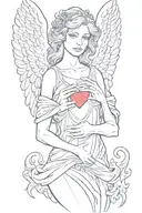 female angel with wings folded down holding a human heart in her open hands tattoo design idea