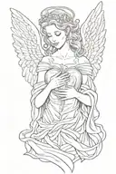 female angel with wings folded down holding a human heart in her open hands tattoo design idea