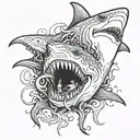 eldritch horror shark with multiple heads and tentacles exploding from its body tattoo design idea