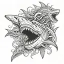 eldritch horror shark with multiple heads and tentacles exploding from its body tattoo design idea