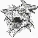 eldritch horror shark with multiple heads and tentacles exploding from its body tattoo design idea
