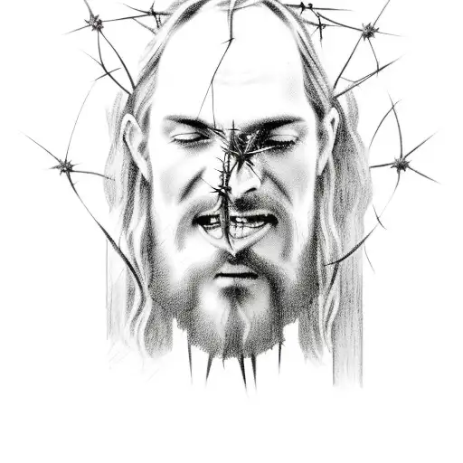 Jesus portrait with the crown of thorns and blood trickling down the side of his face tattoo design idea