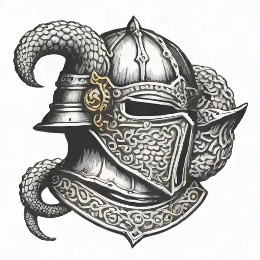 A detailed medieval knight's helmet with a snake coiled around it tattoo design idea