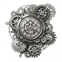A detailed mechanical clock with gears and cogs intertwined with clouds in the background tattoo design idea
