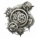A detailed mechanical clock with gears and cogs intertwined with clouds in the background tattoo design idea