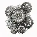 A detailed mechanical clock with gears and cogs intertwined with clouds in the background tattoo design idea