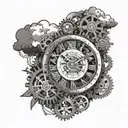 A detailed mechanical clock with gears and cogs intertwined with clouds in the background tattoo design idea