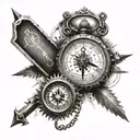 A mechanic clock and compass  tattoo design idea
