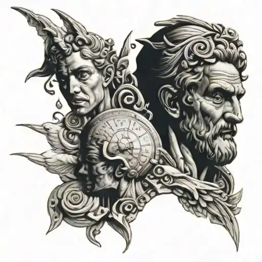a mix of philosophy, psychology and science in an old Greek style tattoo design idea