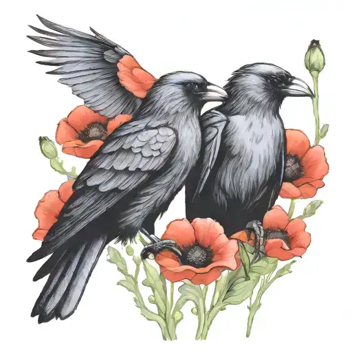 two crows standing on bright red poppies  tattoo design idea